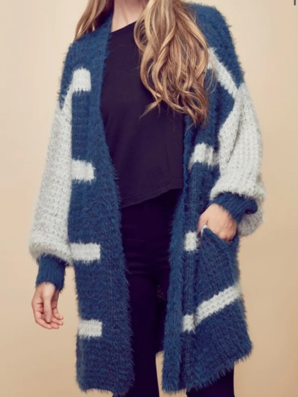Fuzzy Knit Blue Open-Front Women's Chunky Sweater Cardigan